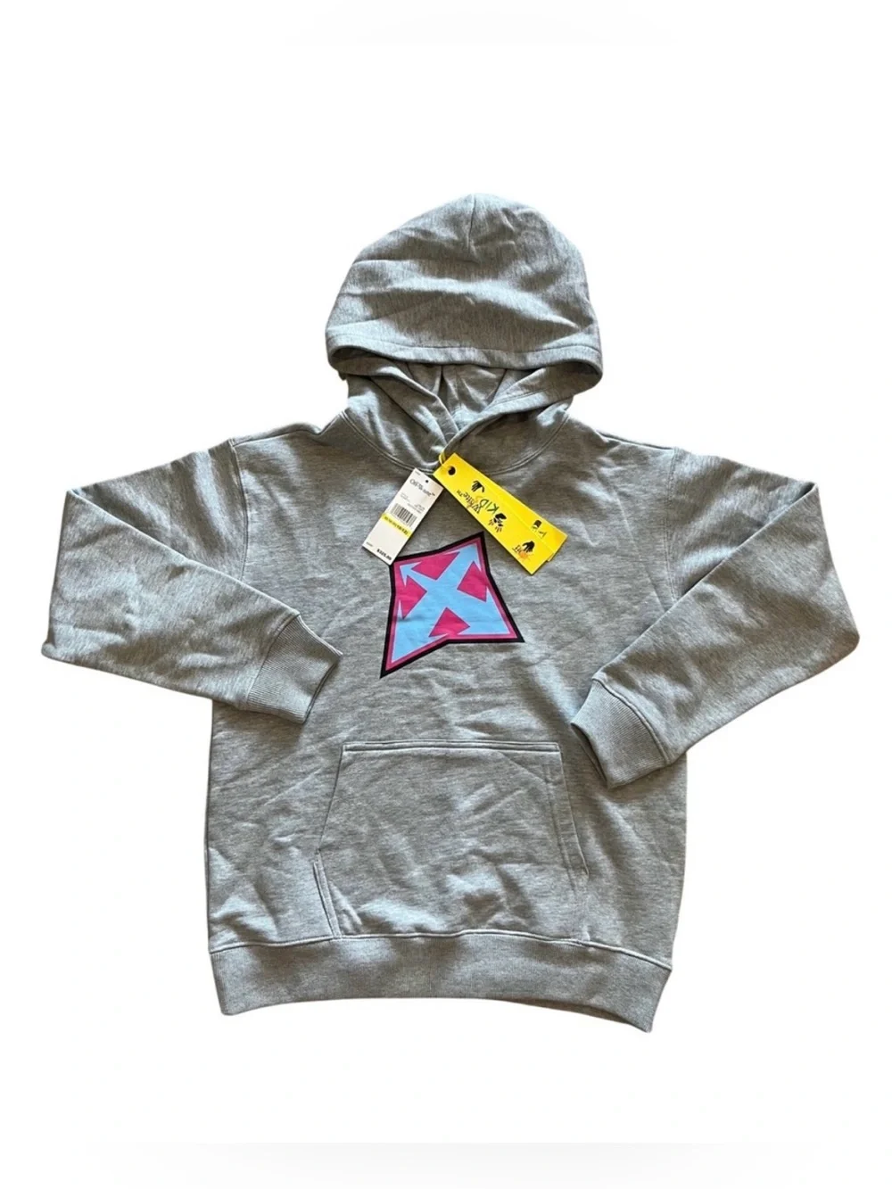 OFF-WHITE Gray Kids Hoodie with Pink-Outlined Blue Logo